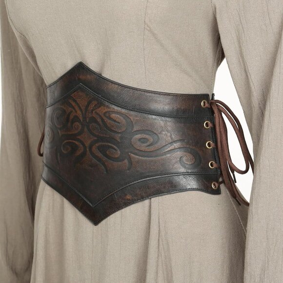 Women Brown Leather Corset Renaissance Belt Medieval Viking Belt Wide Cinch Belt - Picture 7 of 9